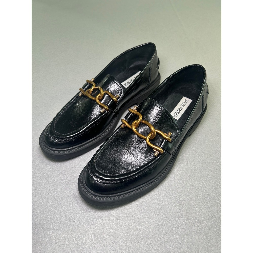 Steve Madden Karmine Loafers Womens 7M Black Leather Gold Chain Link Lug Sole